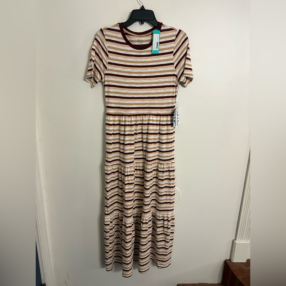 Market & Spruce Farley Tiered Slub Maxi Dress khaki striped pattern SMALL  NWT